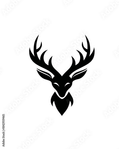 Stylized black and white deer head illustration with majestic antlers, perfect for a modern nature or wildlife logo concept.