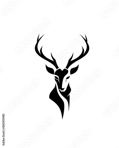 Stylized black deer head silhouette with majestic antlers, minimalist graphic design, elegant animal symbol emblem