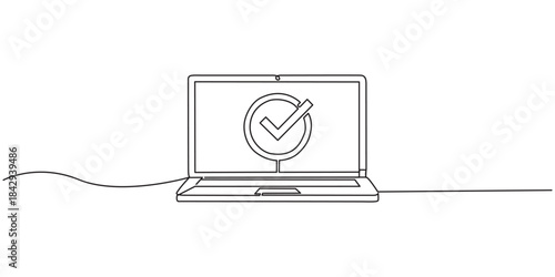 Laptop with check mark continuous line drawing. Vector illustration isolated on white. Laptop with check mark continuous line drawing. Vector illustration isolated on white.