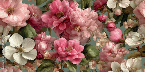 Soft, feminine floral pattern with large, lush pink peonies and delicate white blossoms on a muted sage green background for spring textiles, romantic stationery, and baby apparel