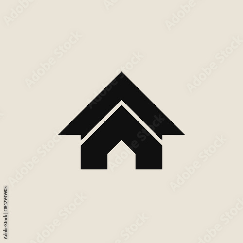 Abstract geometric black house icon on a beige background, symbolizing home, real estate, property, growth, and security