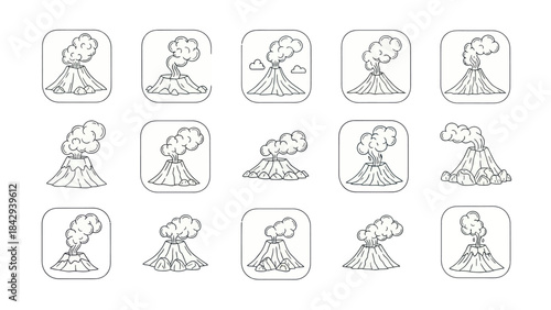 Volcano eruption set vector illustrations of mountain icon outlines