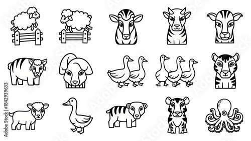 Cartoon animal collection sheep cow goose tiger and octopus illustrations