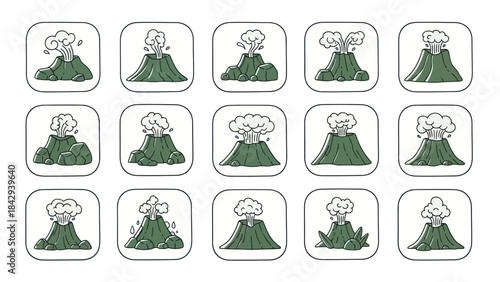 Volcano eruption set vector illustrations of active mountains with smoke