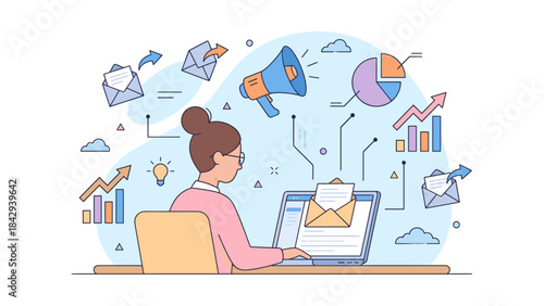 Email marketing campaign concept. Woman working on laptop sending newsletters. Digital promotion. Business communication. Megaphone announcement. Data analytics charts. Growth.