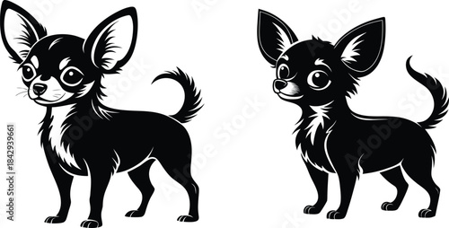 Black and white chihuahua dogs vector illustration set cute smiling purebred puppy pets collection silhouettes with checkered background
