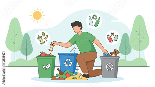 Man sorting garbage into recycling compost and waste bins. Eco friendly character separating trash. Zero waste lifestyle concept. Environmental protection. Sustainability. Flat vector.