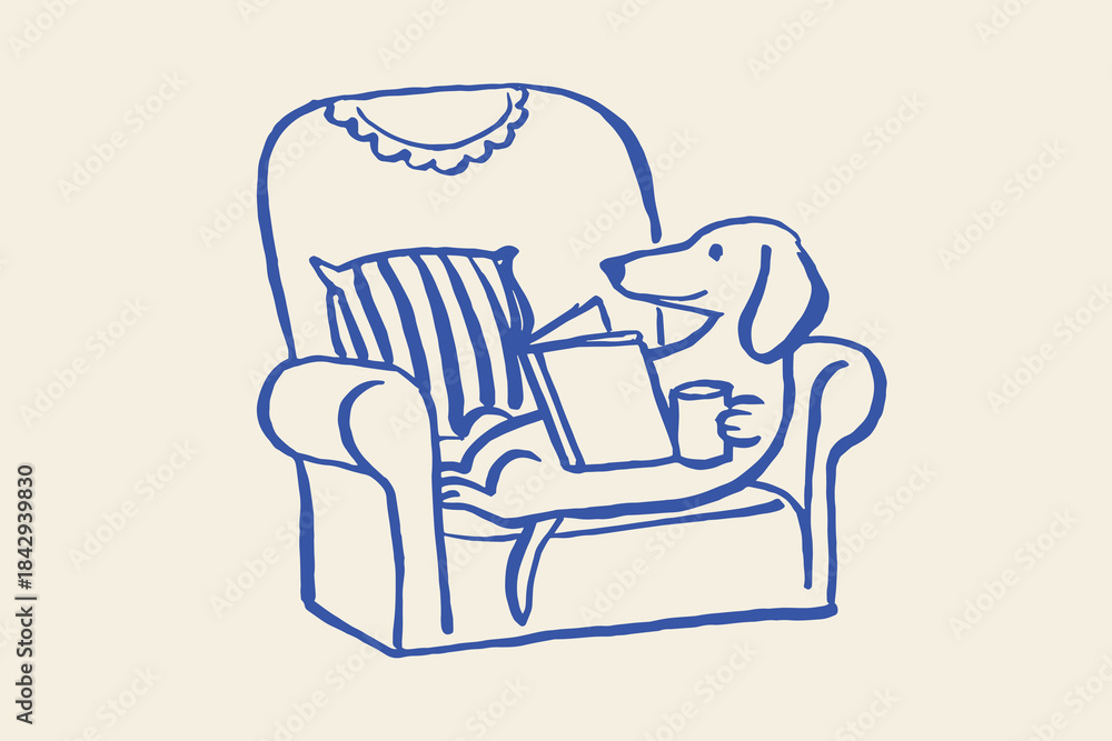 Fototapeta premium Dachshund reading book in armchair doodle vector illustration 