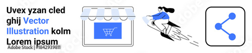 Online shopping, digital sharing, social media, delivery services, ecommerce platforms, communication. Online storefront, delivery person on rocket and share icon. Ecommerce and digital sharing