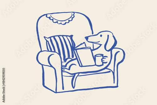 Dachshund reading book in armchair doodle vector illustration	