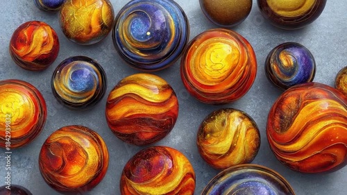 Vibrant, swirling spheres of color arranged on a textured surface.