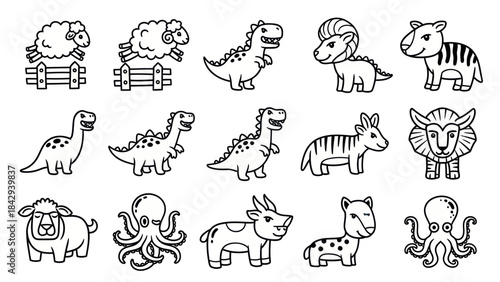 Cartoon animal collection sheep dinosaur zebra lion octopus illustrations