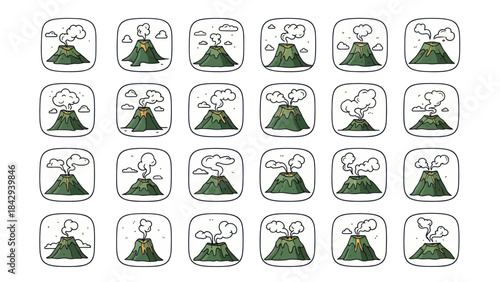 Volcano eruptions illustrated collection cartoon style icons on white background