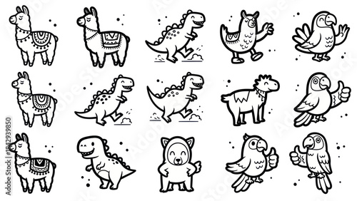 Cartoon animal set llama dinosaur bird characters in black and white