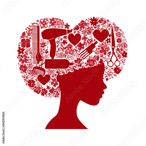 Elegant Woman Silhouette with Heart Afro Hair Design, Hairdressing Tools, and Floral Motifs, Beauty and Style Concept