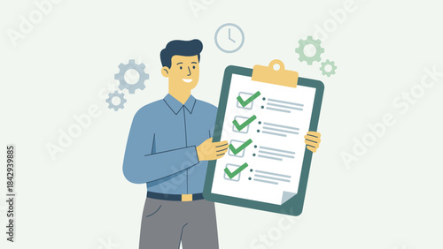 Happy man holding clipboard with completed checklist. Task completion productivity concept. Business success management plan. Efficient worker done list. Goals achieved. Time organization.
