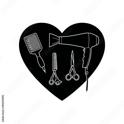 Black heart with white outline icons of hairdressing salon tools: hairdryer, brush, and scissors. Hair care, beauty, and hairstylist concept.