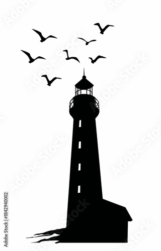 Lighthouse silhouette with flying birds, iconic nautical symbol of guidance and safe passage at sea, black vector graphic.