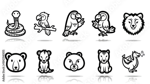 Cartoon animal collection snake parrot owl bear cub dragon line art