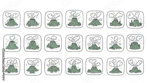 Volcano eruptions illustration set green mountains with ejected smoke and steam