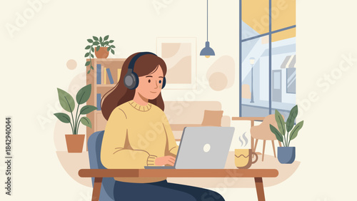 Young woman freelancer working on laptop in cozy coffee shop. Remote work concept. Student with headphones. Digital nomad lifestyle. Flat vector illustration. Telework. Online job.
