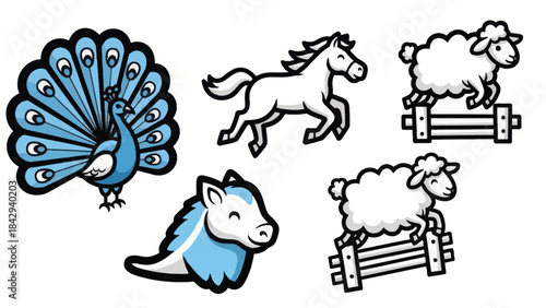 Cartoon animal illustrations peacock horse sheep jumping fence vector art