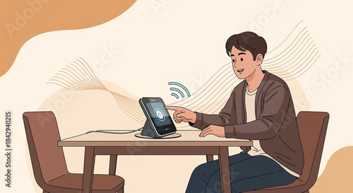 Cartoon illustration of a young man using a smart home device with minimalist design elements