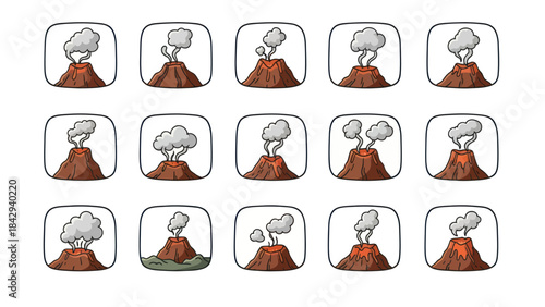 Volcano eruptions illustration set with smoke and lava elements
