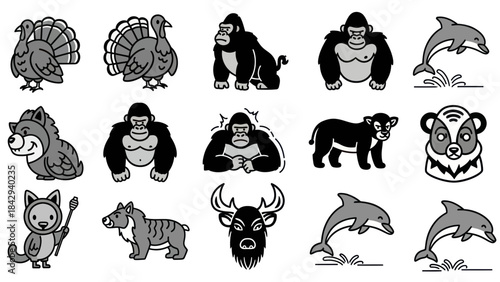 Cartoon animal collection turkey gorilla dolphin wolf lion deer isolated