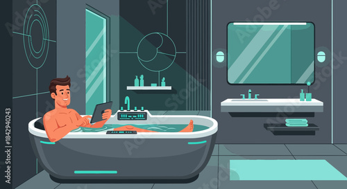 Cartoon illustration showcasing a modern bathroom scene with a man relaxing in a bathtub using a