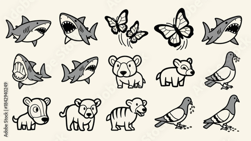 Cartoon animal set sharks butterflies bears and pigeons isolated elements