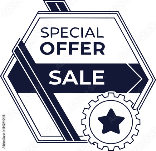 Modern hexagon badge featuring “Special Offer Sale” in bold graphic style. Stylish promotional label with geometric elements and star gear icon. Clean vector design ideal for marketing, retail, and ad
