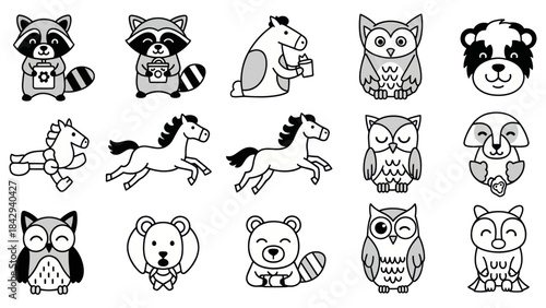 Cartoon animal illustrations raccoons horses owls and bears in playful poses