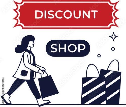 Shopping discount illustration featuring a woman carrying bags toward store items. Modern retail design with bold sale and shop labels. Clean vector graphic ideal for marketing and promotional 