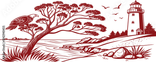 Coastal landscape with a perched bird beside a windswept tree and distant lighthouse. Detailed shoreline scene featuring rocks, waves, and flying birds. Artistic nature illustration ideal for prints a