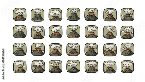 Volcano icons set illustrating eruptions with smoke in square green frames