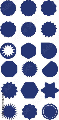 Collection of blue blank badge shapes in multiple geometric and starburst styles. Versatile vector labels ideal for , branding, and promotional design. Clean silhouette icons ready for 