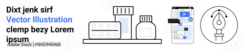 Healthcare, pharmacy, digital tools, design concepts, user interface, creative tools. Medicine bottles and a mobile app interface. Healthcare and digital tools for modern design ideas