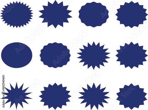 Set of blue blank starburst and oval badge shapes for promotional design. Versatile vector elements ideal for stickers, labels, tags, and marketing graphics. Clean silhouette icons ready for custom 