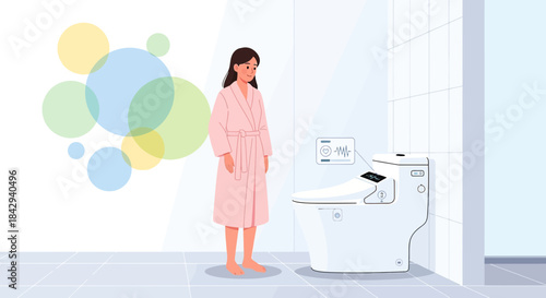 Concept art of a woman in bathrobe next to a smart toilet in a contemporary bathroom showcasing