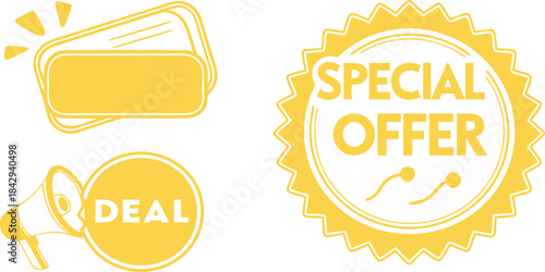 Special offer promotional icons in bold yellow graphic style. Discount, deal, and announcement symbols for ads and marketing designs. Clean vector elements ideal for sales and branding visuals.