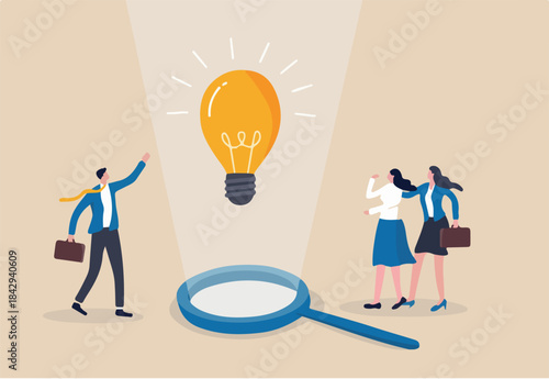 Business insights intelligence information for competitive advantage and win competition, discover business solution concept, business people team looking at lightbulb floating from magnifying glass
