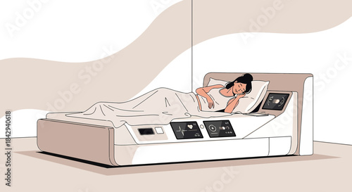 Conceptual illustration of a woman sleeping in a futuristic smart bed with health monitoring system