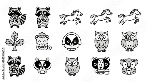 Cartoon animal illustrations raccoons horses owls and other wildlife