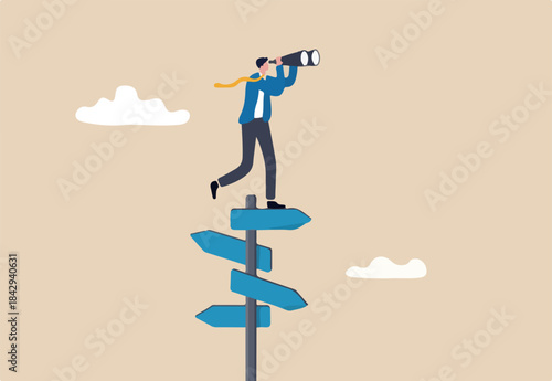 Search for right direction, business opportunity or success way, make decision or career path, vision to see future concept, smart businessman look through spyglass or binoculars to discover solution