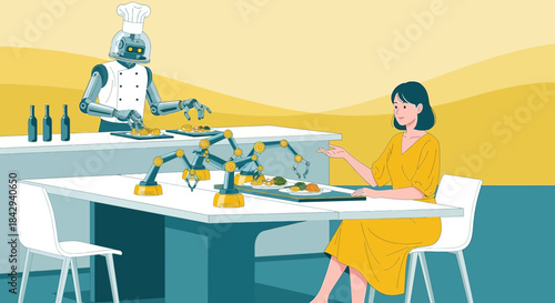 Conceptual illustration portraying automated culinary experience with robot chef and customer