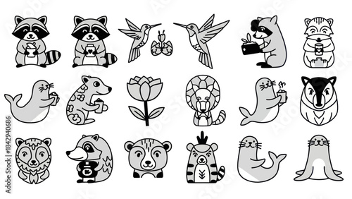 Cartoon animal illustrations raccoons hummingbirds seals and other creatures