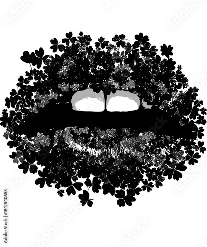 Stylized lips formed by black clovers and shamrocks, a monochrome graphic illustration symbolizing luck and Irish spirit.