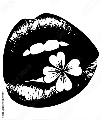 Stylized black and white lips holding a lucky four-leaf clover, modern graphic illustration for St. Patrick's Day or good luck