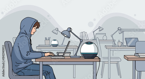 Contemporary Workspace Illustration: Focused Individual Engaged in Digital Activities at a Desk